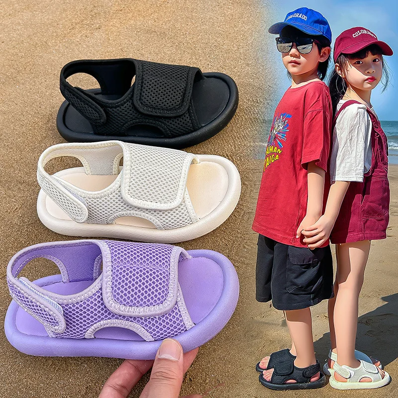 

Children Sport Sandals for Boys Mesh Open-toe Hook & Loop 2023 Summer New Soft Breatheable Girls Casual Shoes Simple Britain