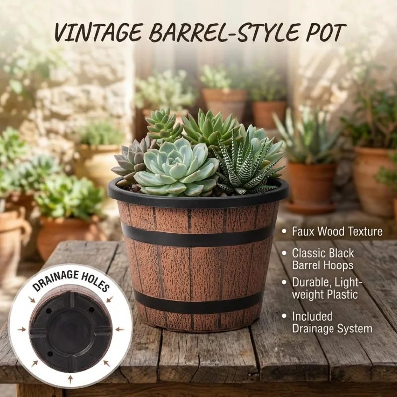 Plastic Flowers Pots With Drainage Holes Imitation Wine Barrel Plant Pots For Indoor Outdoor Gardening Decoration Flowerpots
