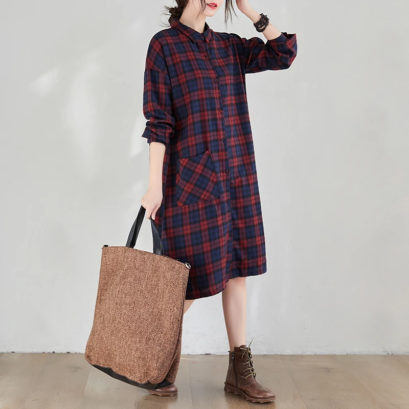 Spring Fashion plus Size Women's Plaid Shirt Dress Korean Style Midi Dress Trendy Long Sleeve Dress Age Reduction Dress