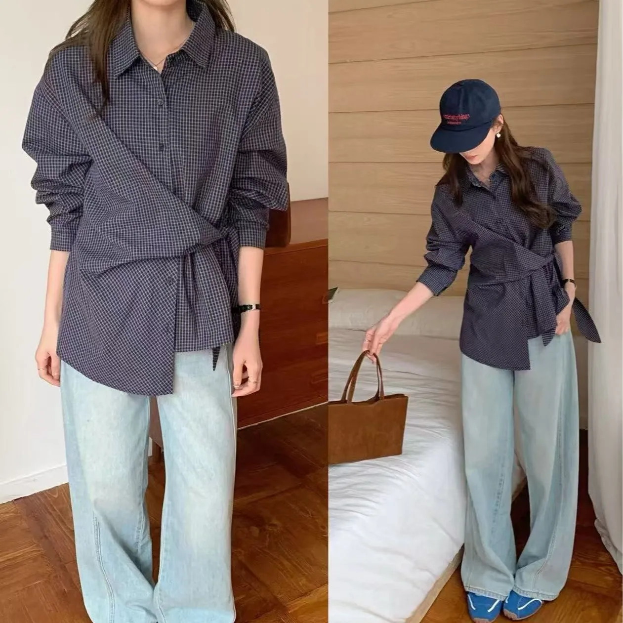 

Spring New Design Belted Waist Cinching Asymmetrical Shirt Korean Style Slim Fit Bubble Sleeve Long Sleeve Women's Top