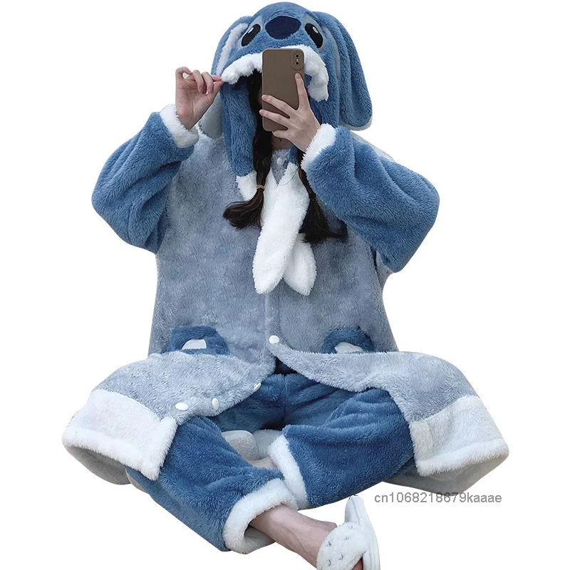 Disney Stitch Cute Cartoon Soft Fluffy Home Wear Female Autumn Winter New Dormitory Pajamas Y2k Sweet Girl Casual Nightrobe Set