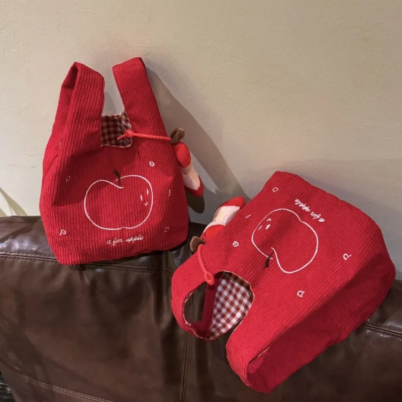 Autumn and Winter Red Corduroy Apple Handbag Light Commuting Versatile Handbag Cute Little Handbag Girl