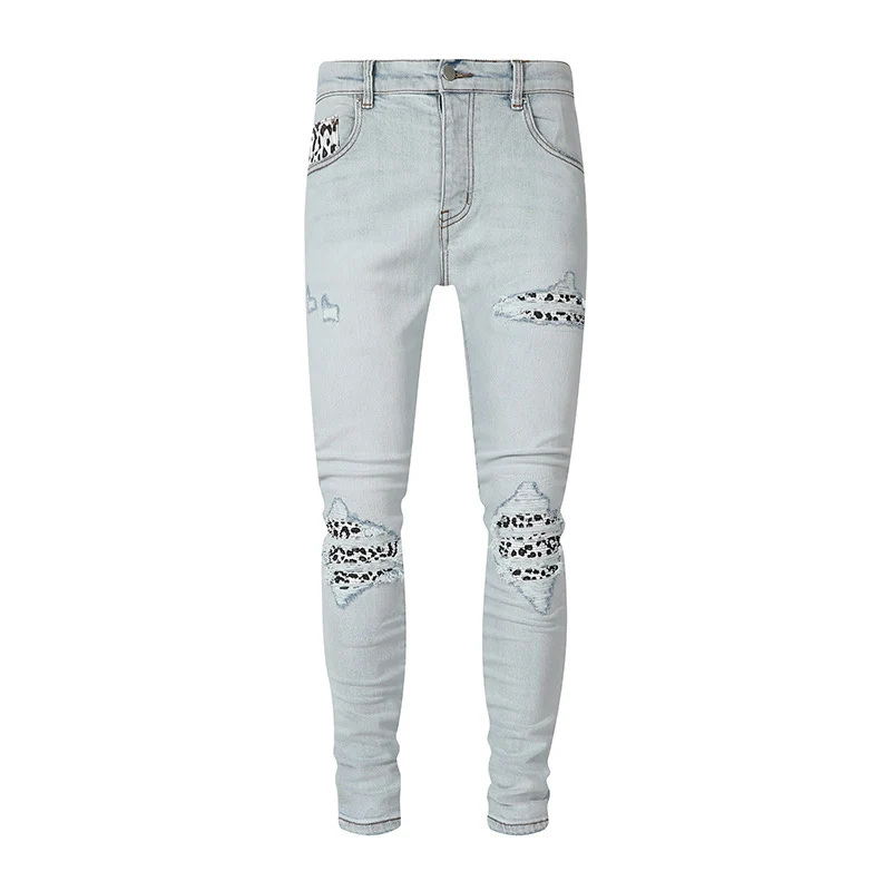 street designer fashion new men'sY2K light blue jeans washed nostalgic stretch slim fit jeans hip-hop brand spliced pants homb