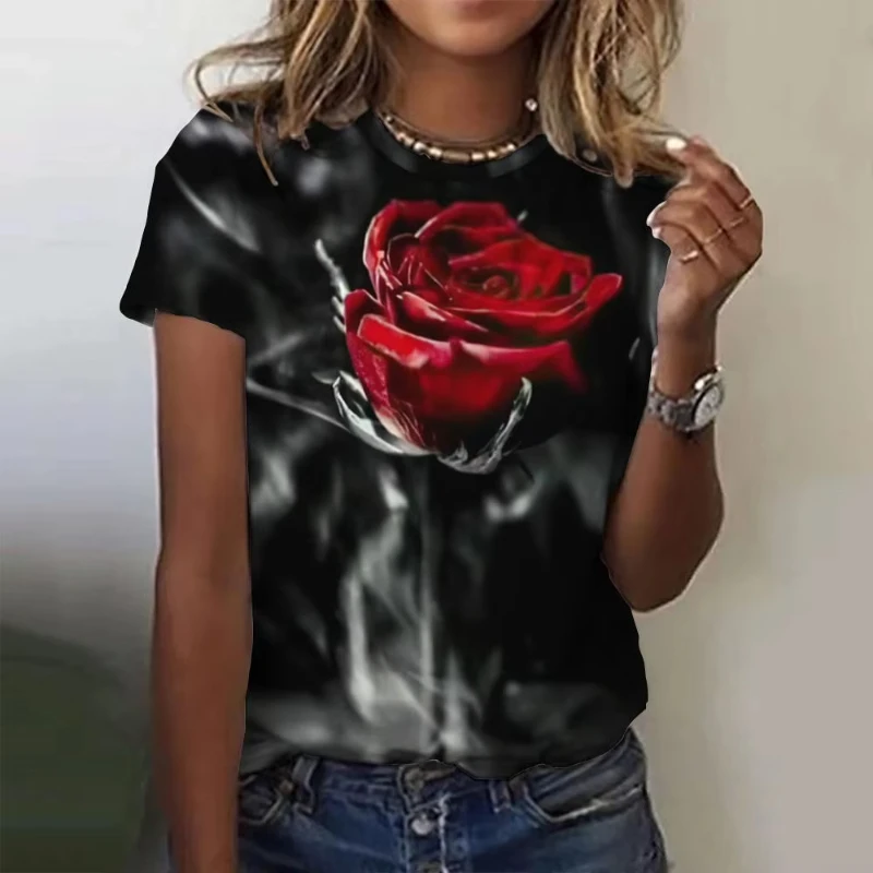 Luxury Elegant 3d Roses Print Women's T Shirts Summer Fashion Short Sleeve Top Oversized Female Clothing Casual Girls Tees Tops