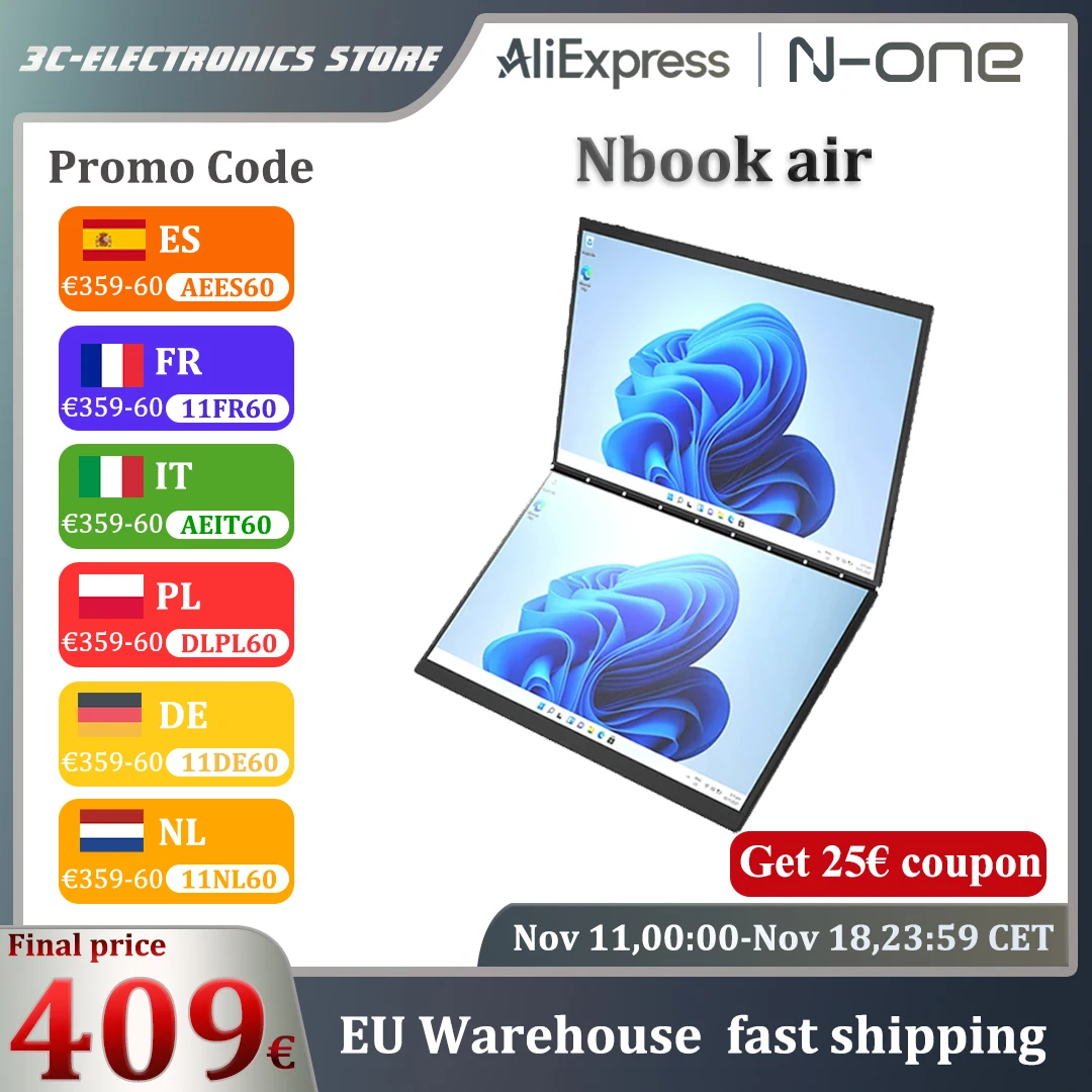 N-ONE Nbook Air 13.5 inch Laptop 16G DDR5/512GB M.2 SSD 2.5K Intel N100 2 in 1 Tablet PC Dual Touch Screen WIFI Office Computer