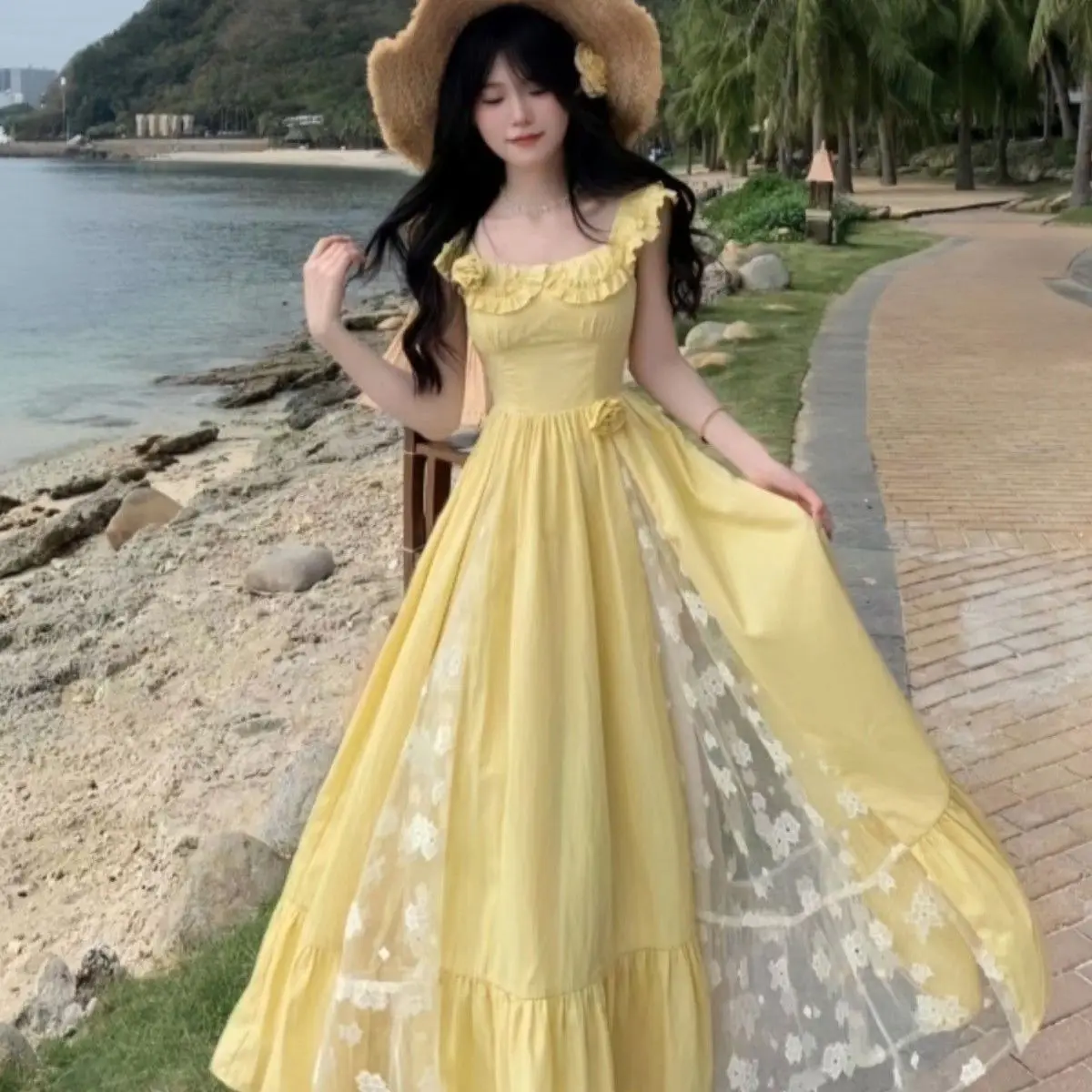 

Women Elegant Long Dress Off Shoulder Ruffle Floral Lace Panel High Waist A-Line Maxi Dress Princess Style Summer Outfit 2025
