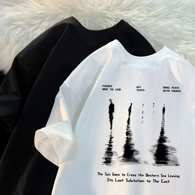 

Hip Hop Street Men's T-Shirt Reflection Print Short Sleeve T-Shirt Gothic Style Loose Male Round Neck T-Shirt Couple Tops