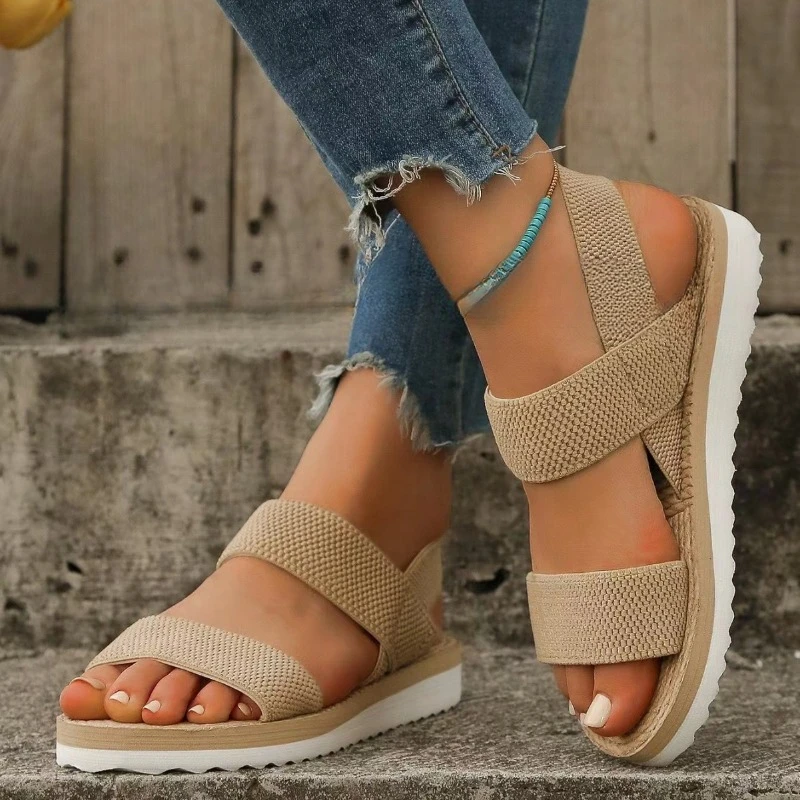 Women Sandals Open Toe Elastic Band Platform Beach Sandals Outdoor Lightweight Slides Solid Color Female Sandal