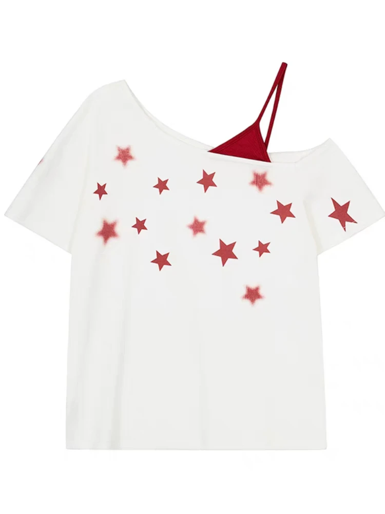 100% Cotton Off-Shoulder Top Women Fake Two-piece Set Y2k Star Graphic Oversize Short sleeve T shirt With Strap Summer Tees