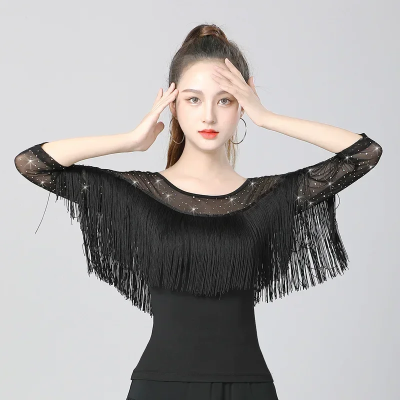 Women's Square Dance Tassel Red Top Modern Dance Clothes Fashionable Ballroom Clothes National Standard Short Sleeve Latin Dance