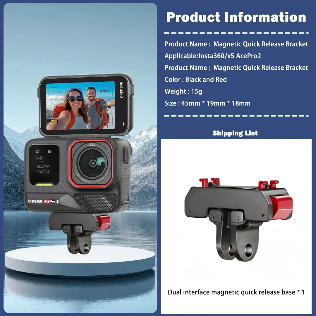 Magnetic Quick Release Transfer Mount For Insta360 Ace Pro2 X5 Camera Dual‑Interface Base 1/4 Inch Screw Hole & Foldable 2‑Prong