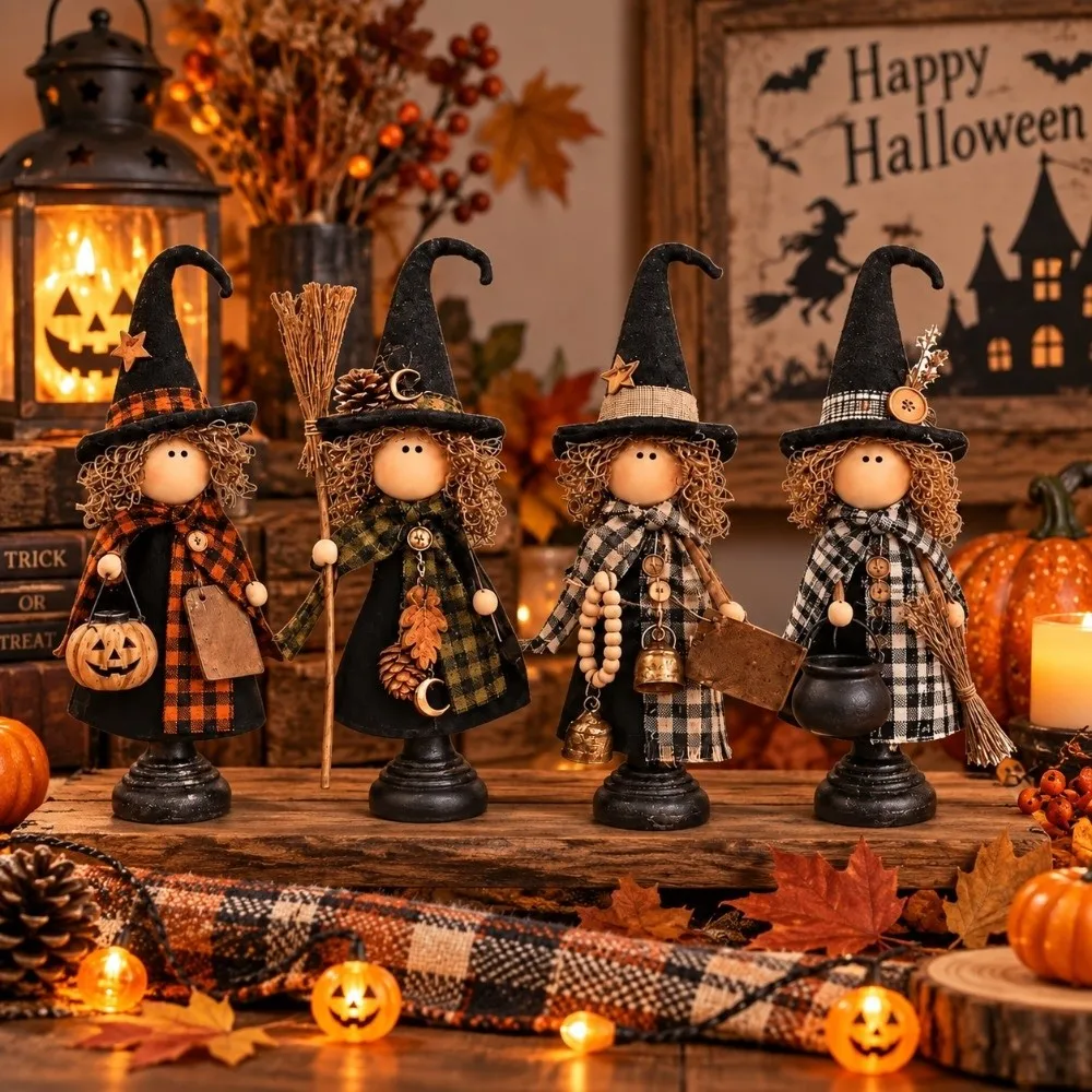 3/4 pcs Wooden Halloween Witch Ornaments 2D Flat Home Decor Fall Scarecrow Statue Autumn Harvest Rustic Halloween Decoration
