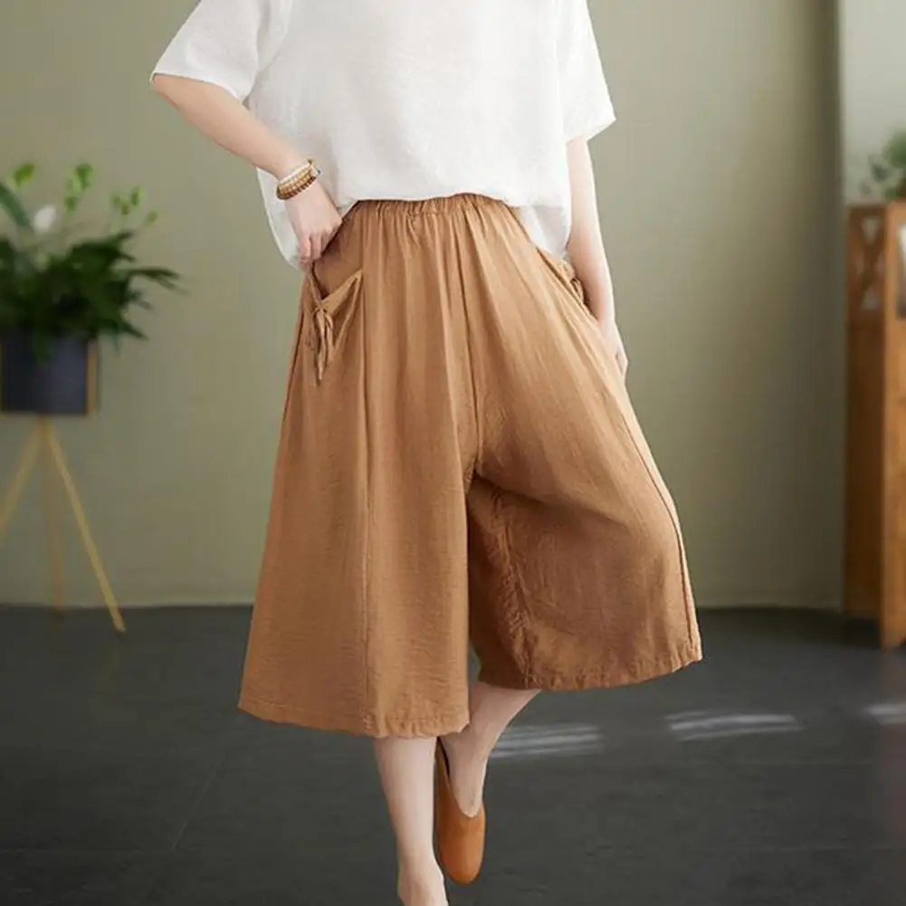 

Mid-calf Length Pants Stylish Women's Wide Leg Cropped Pants with Elastic Waist Pockets Casual Loose Fit Slacks for Summer