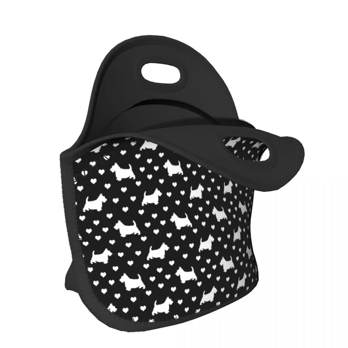 Black And White Scottish Terriers Hearts Neoprene Lunch Bags for Women Men Cooler Warm Insulated Lunch Box for Kids School Food