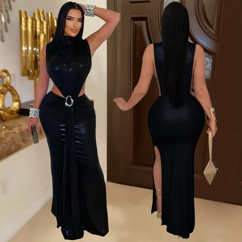 Leosoxs Women Gilding Sleeveless Cutout Bodycon Maxi Long Dress 2025 Summer Beach Vacation Party Birthday Sexy Dresses