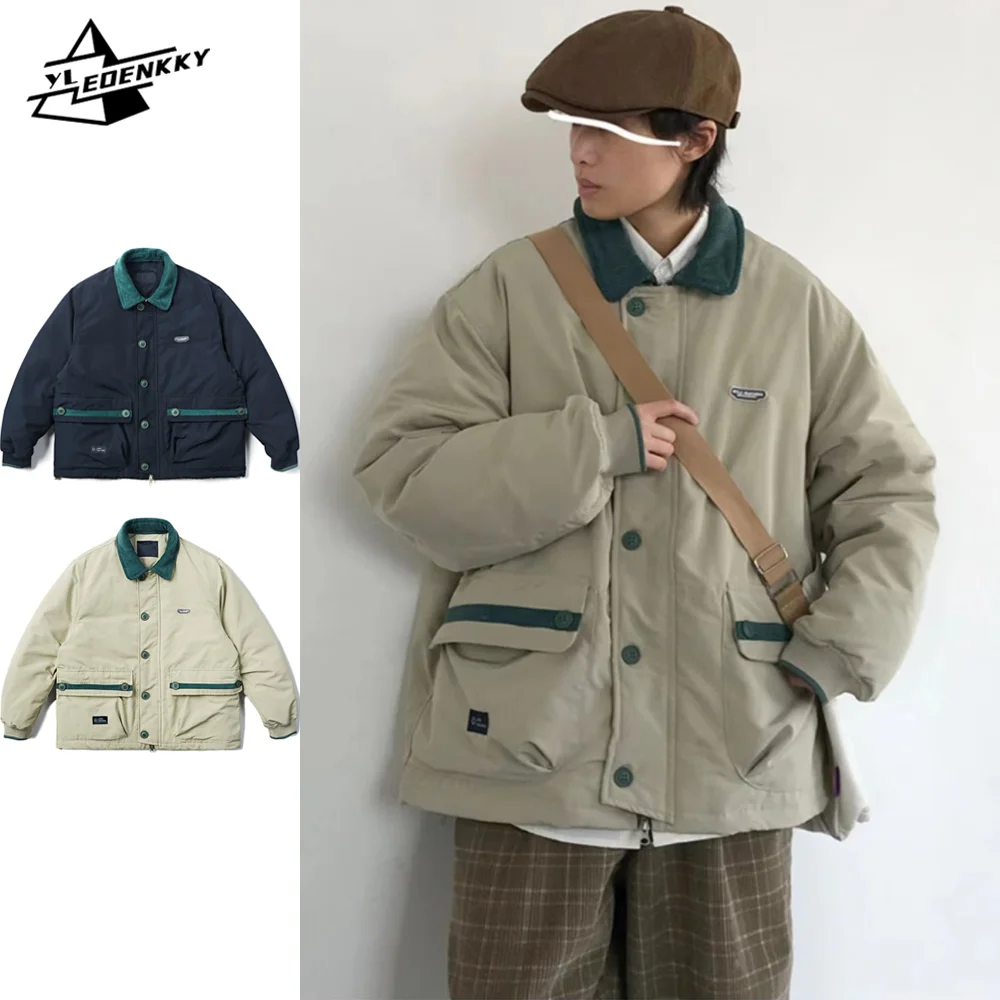 INS Winter Cotton Coats Men Vintage Lapels Contrast Color Cargo Parkas Thickened Warm Casual Jackets Korean Street Couple Coats