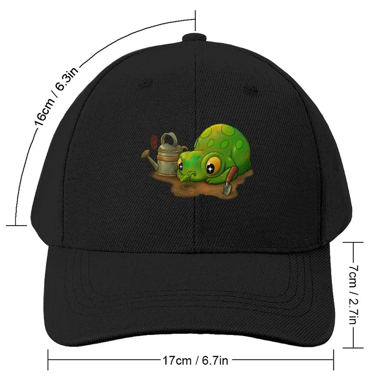 cute frog looking at sprouting plant from garden beginning of spring Baseball Cap beach hat Golf Dropshipping Men Women's