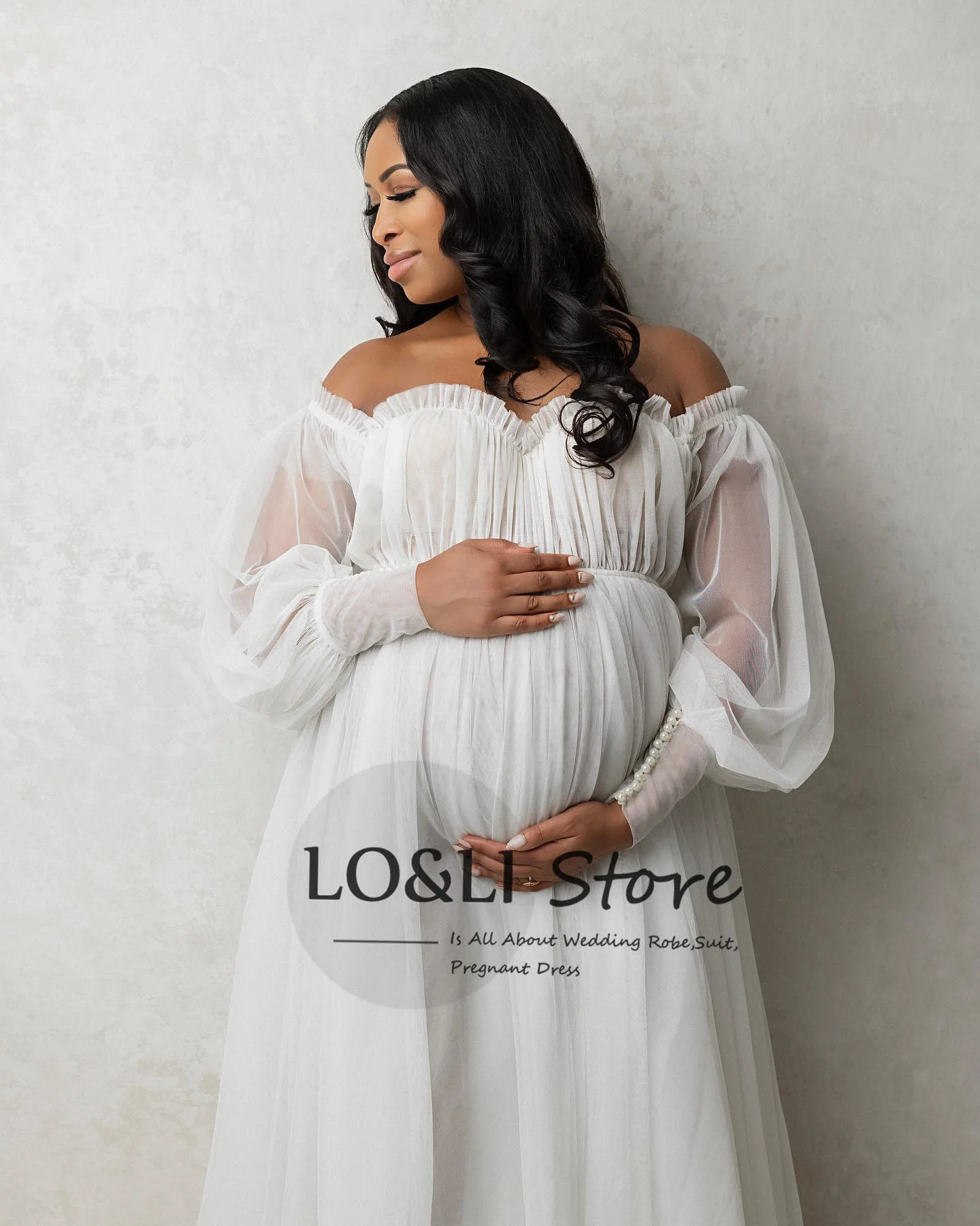 

Off Shoulder Chiffon Maternity Dresses Ruffles Pregnant Women Gown for Photoshoot Sexy Floor Length Pregnancy Babyshower Party