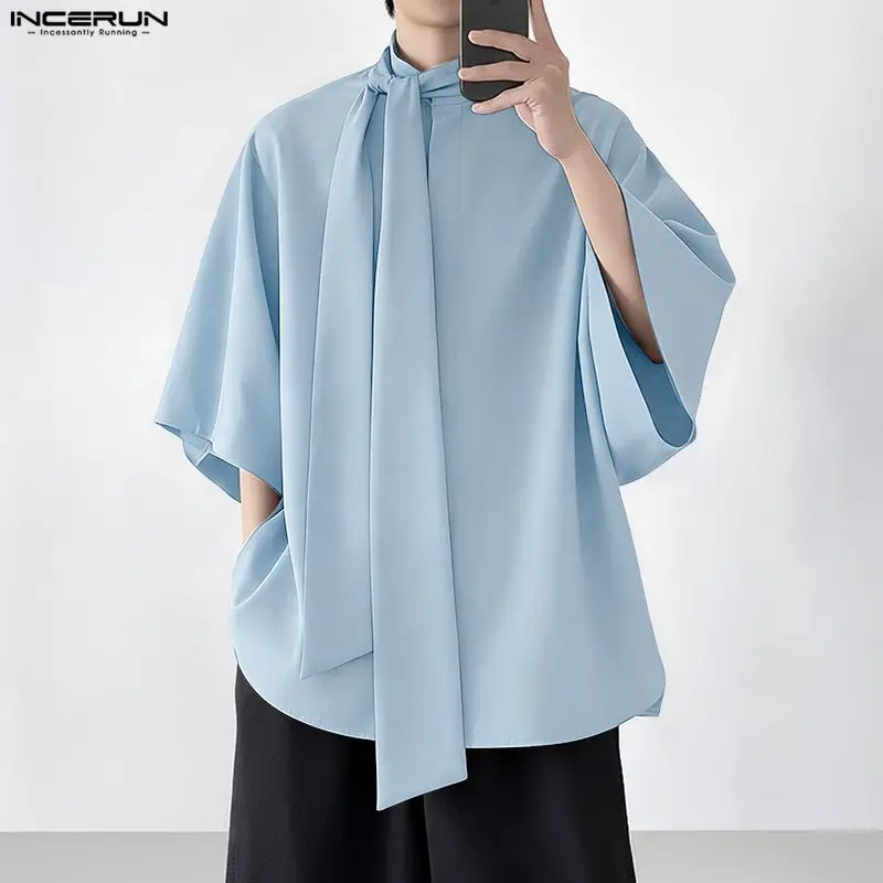 

INCERUN Men Shirt Solid Stand Collar Half Sleeve Casual Male Tops With Belt Loose Fashion Men Clothing Streetwear 2026 Shirts