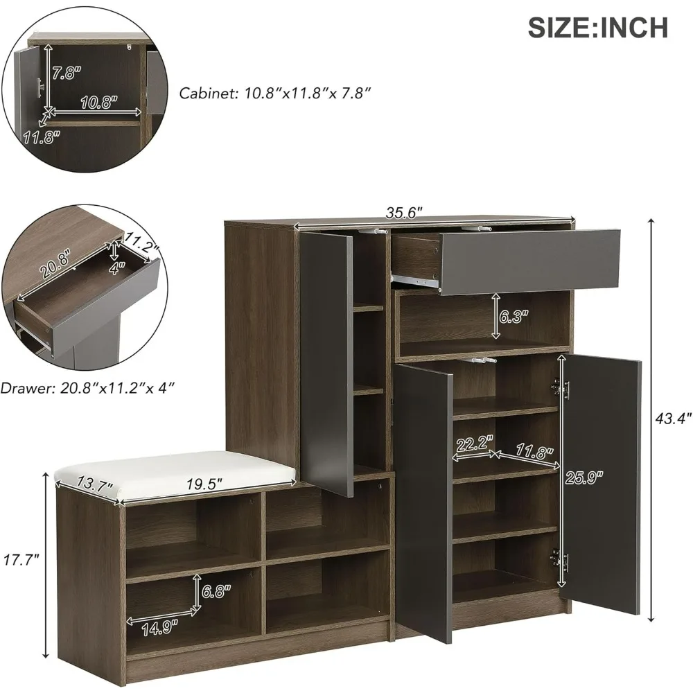 2-in-1 Shoe Storage Bench Shoe Cabinets, Padded Seat, Versatile Shoe Storage with Adjustable Shelves, Multi-functional Shoe Rack