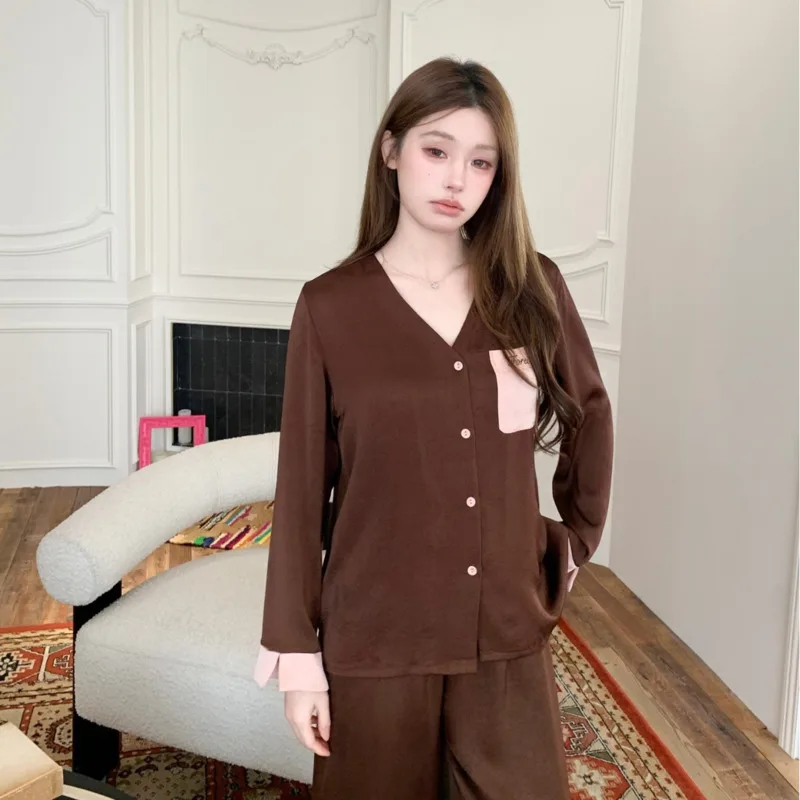 26 Spring Autumn Luxury Maillard Patchwork V-neck High-end Ice Silk Pajamas Girl Women Long Sleeve Pants Nightgown Sleepwear