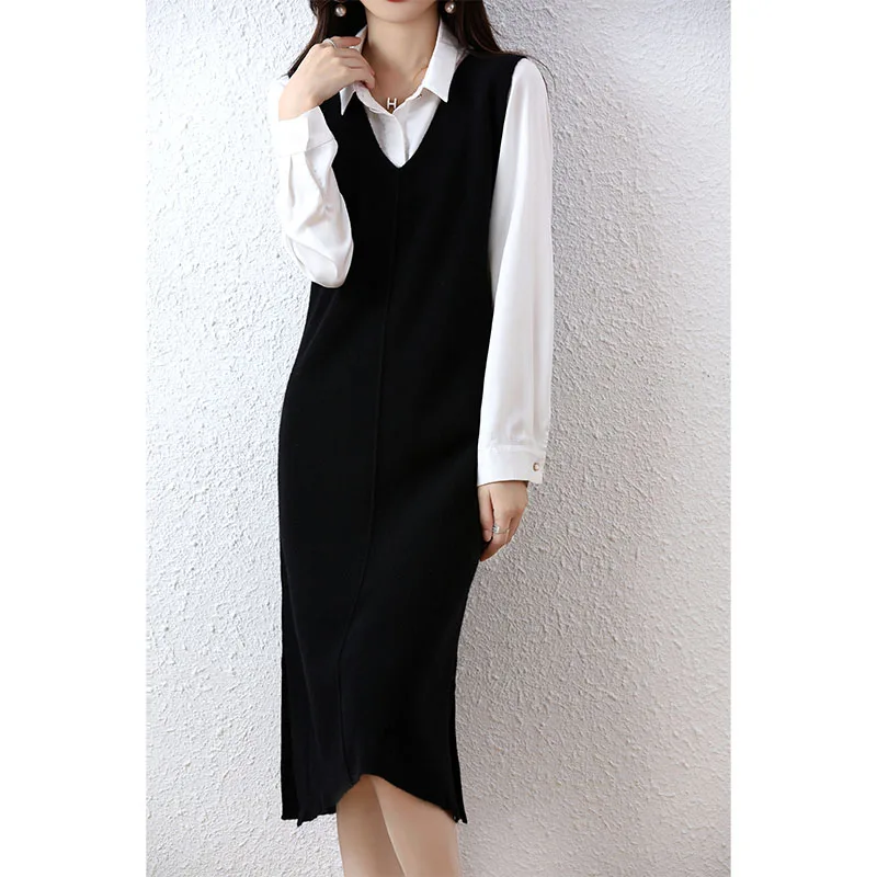 Elegant Dresses Women's Cashmere Sweater Skirt 100% Merino Wool Vest Knitted Fashion Casual Long Dress Autumn Winter New Vestido