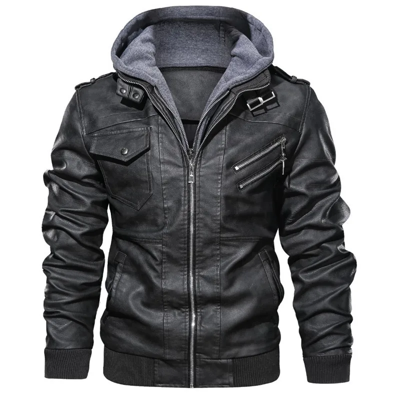 

New Winter Men's Motorcycle Jacket PU Leather Casual Hooded Jackets Fashion Zipper Hoodies Coat Men Leather Clothing MY836