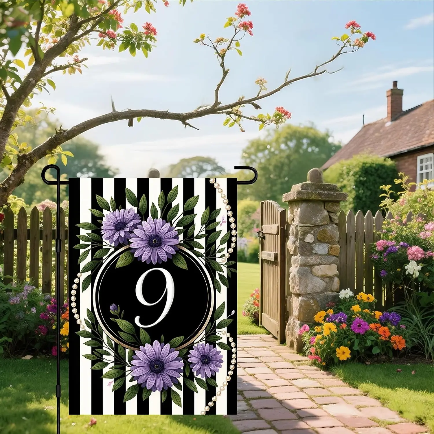 Spring Floral Garden Flag 12x18 Inch Double Sided | Purple Daisy Number 9 Black White Stripes Floral Circle Farmhouse for fa uui