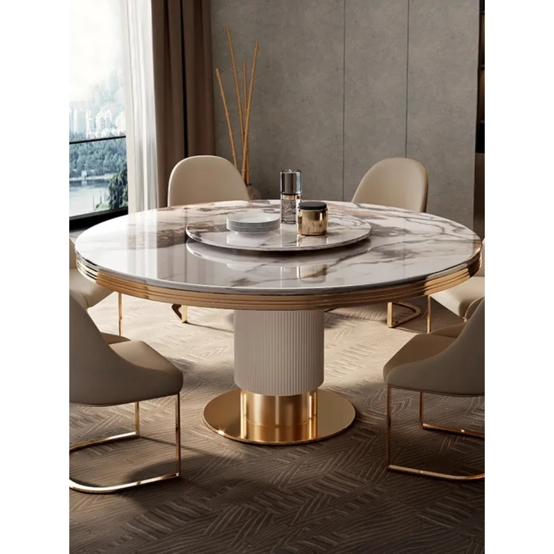 Light luxury marble round dining table and chair combination 6 people 8 people round table turntable modern simple Italian home