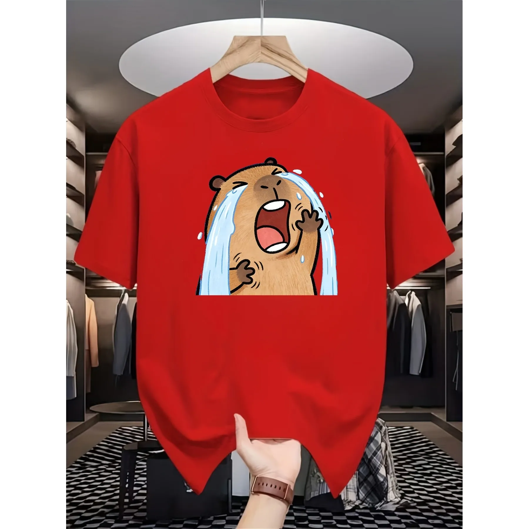 Crying Capybara Graphic Tee Funny Animal Print Casual Cotton Short Sleeve T-Shirt Daily Wear