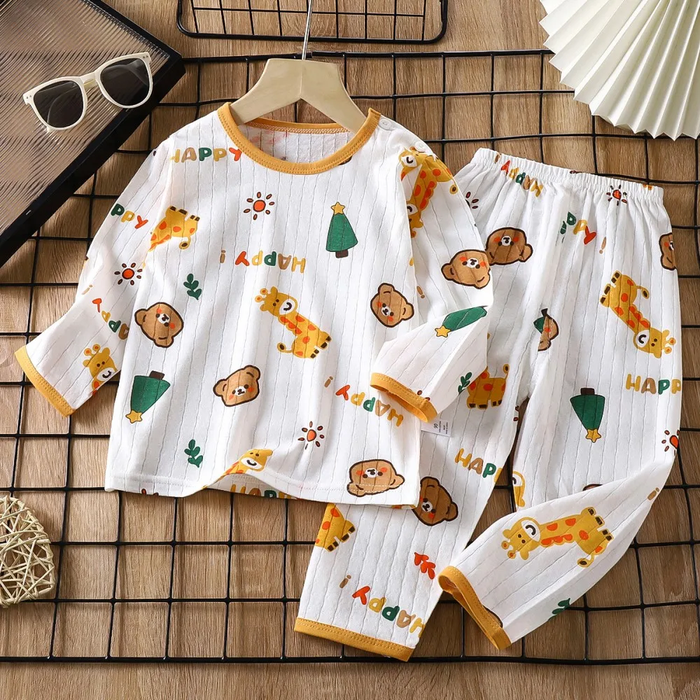 Children Cotton Pajamas Set Cute Cartoon Print Long Sleeve Sleepwear Soft Breathable Toddler Nightwear Kids Home Clothing Suit
