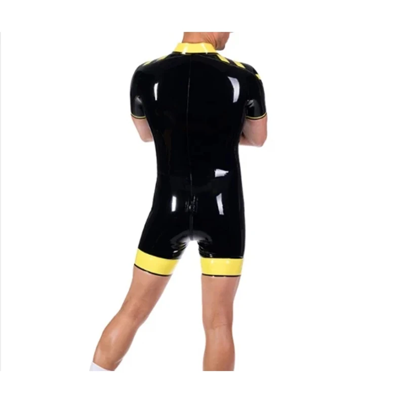 Latex Rubber Catsuit Black with Yellow Front Zip Gummi Leotard Unique Jumpsuits Cool Rompers Customized .4mm