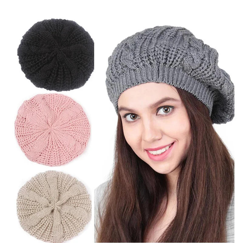 New Warm Winter Women Cable Knit Beret Cap French Artist Beret Hats Braided Baggy Wool Beanie Hat Solid Color Slouch Baggy Hat