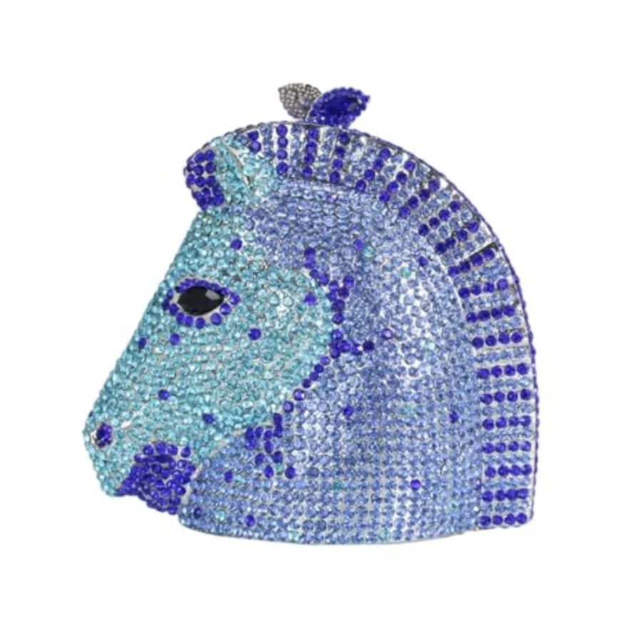 

Evening clutch for women: horse head design, rhinestone-crystal embellished, silver-tone luxury handbag for bride, party, prom,