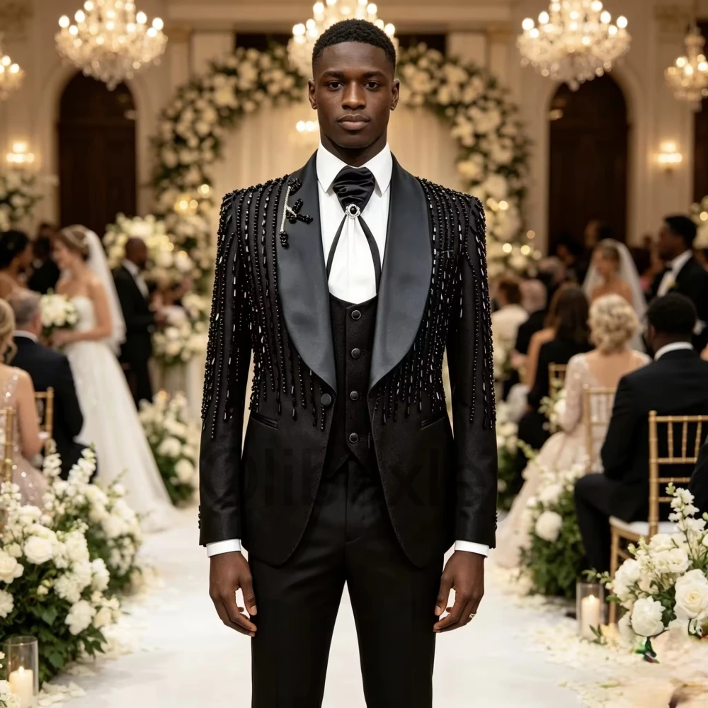 Olibexley Luxury 3 Piece Men's Suit Set Slim Fit Tuxedo Wedding Shiny Black Rhinestone Beaded Blazer Prom Pants Customized S416