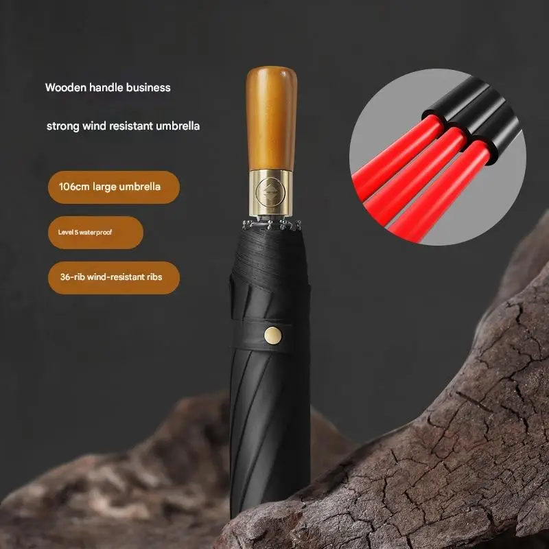 

Fully Automatic Tri-fold Storm-resistant Sunscreen Umbrella 12 Bone Solid Wood Handle Black Plastic Advertising Umbrella