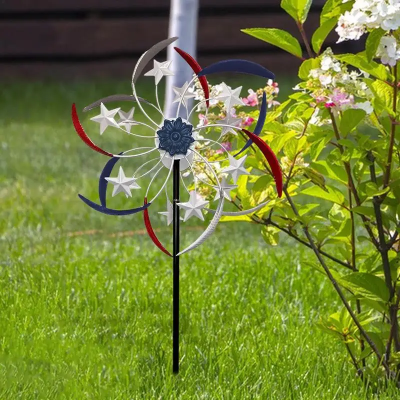 

Metal Kinetic Patriotic Wind Spinner Wind Spinner Five Pointed Star Windmill 360 Degree Colored Double Wind Sculpture For Garden