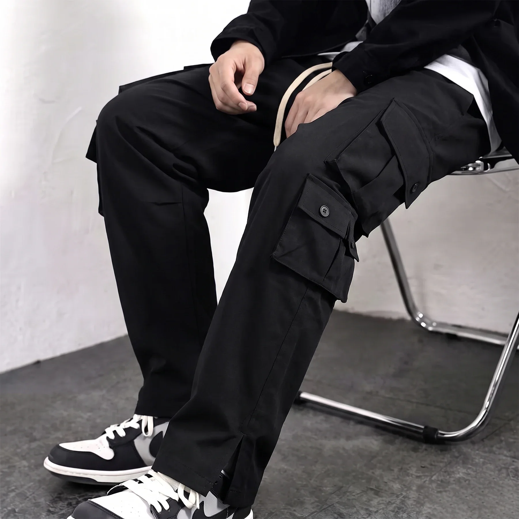 Men Work Cargo Pants Straight Leg Elastic Waist Drawstring Multi Pocket Casual Trousers Outdoor Streetwear Pants for Men