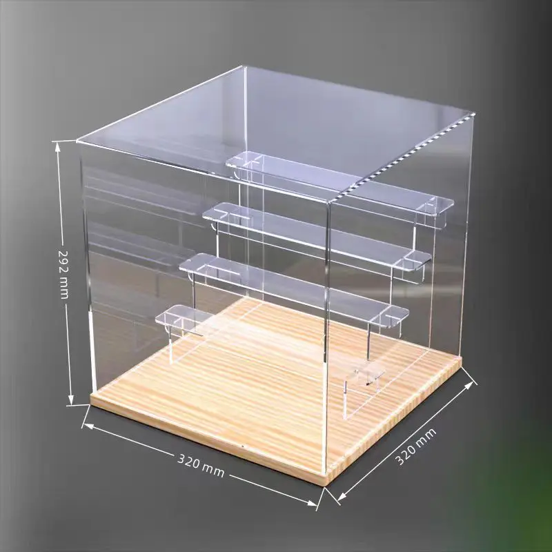 Five Sided Transparent Acrylic Display Cabinet With Revolving Doors, Action Figure Storage Box With Movable Clear Stairs