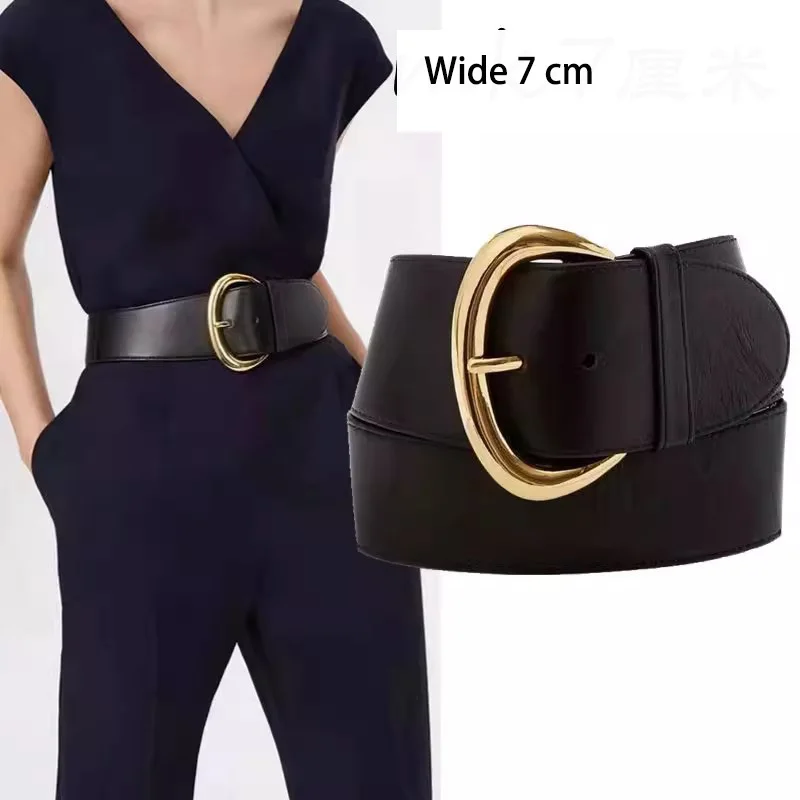 7 cm Pin Buckle Wide Belt Female Genuine cowhide Leather Navy Blue Luxury Cummerbund Ladies