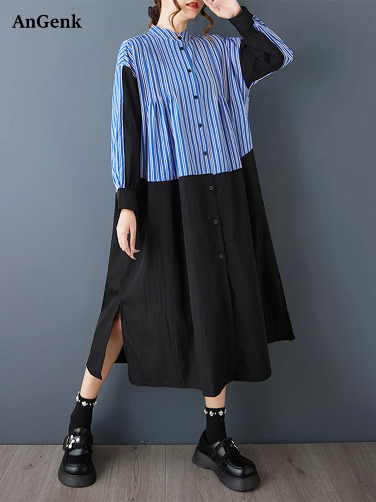 ストライプパッチワークオーバーサイズシャツワンピース レディース 新作 長袖 ルーズ カジュアル ミディ丈ワンピース エレガントな服 春秋 2025