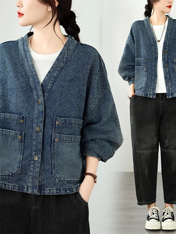 Authentic 2026 Spring Short Loose Retro Denim Jacket with 3D Pocket Original Design Cotton Polyester Blend Women's Outerwear