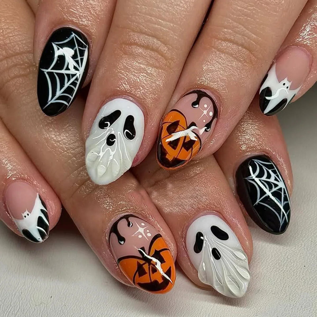 Halloween Fake Nails Ghost Pumpkin Lantern Spider Web Press on Nails Halloween False Nails Almond Head Designs French Full Cover