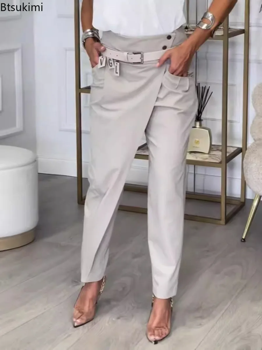 

2025 New Autumn Asymmetric High Waisted Suit Pants for Women Fashion Chic Belt Straight Pants Casua Street Trousers Lady Bottoms