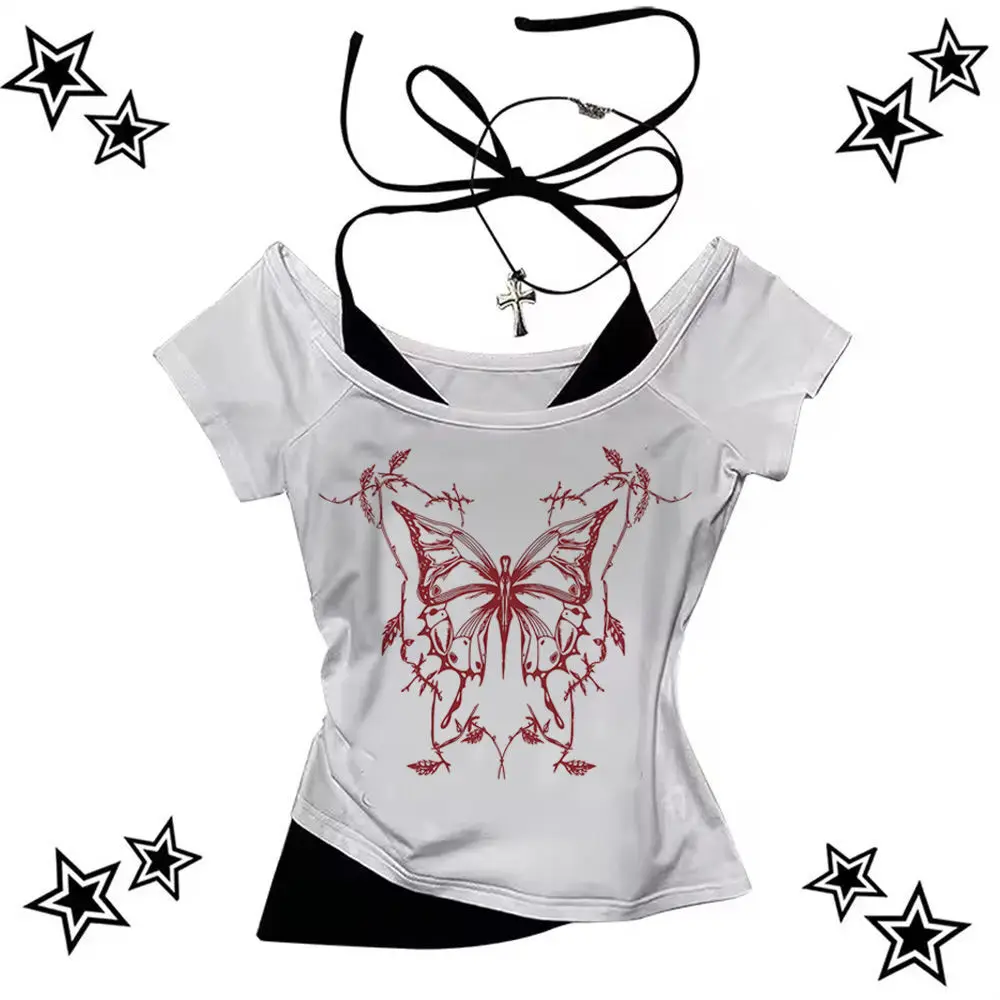 

Y2k 2000s crop top corset Streetwear harajuku shoujo girl style cropped Grunge woman tshirt