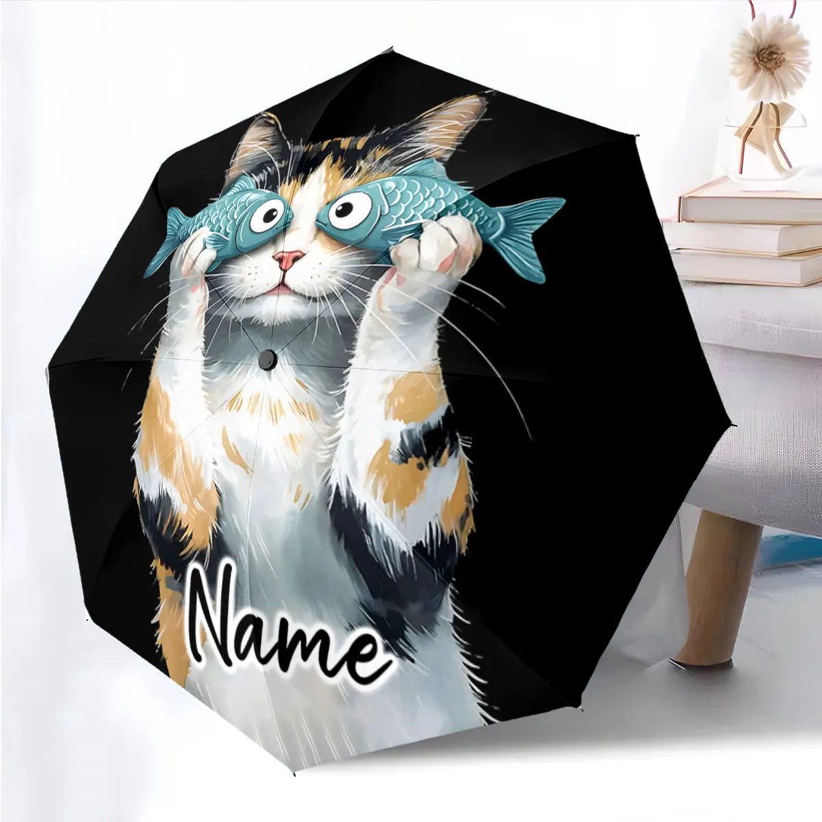 Custom Name Umbrella Cat with Fish Glasses on Umbrella Print 8 Iron Ribs Folding Umbrella Auto-Open Fashion Sunshade