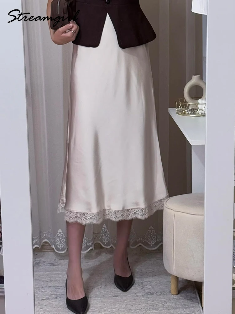 Streamgirl Maxi Satin Skirts With Lace Women Summer Long High Waist A Line Silk Bodycon Skirt Midi Elegant Brown Long Lace Skirt