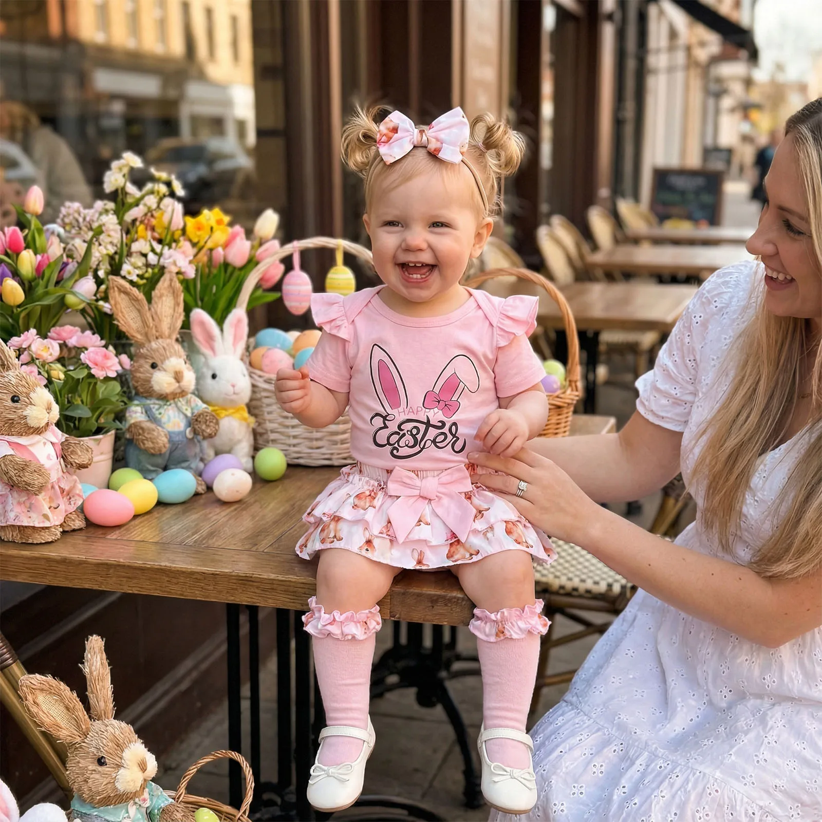 Baby Girls Easter Shorts Outfits Flying Sleeve Romper Tiered PP Shorts Headband Leg Warmers Sets