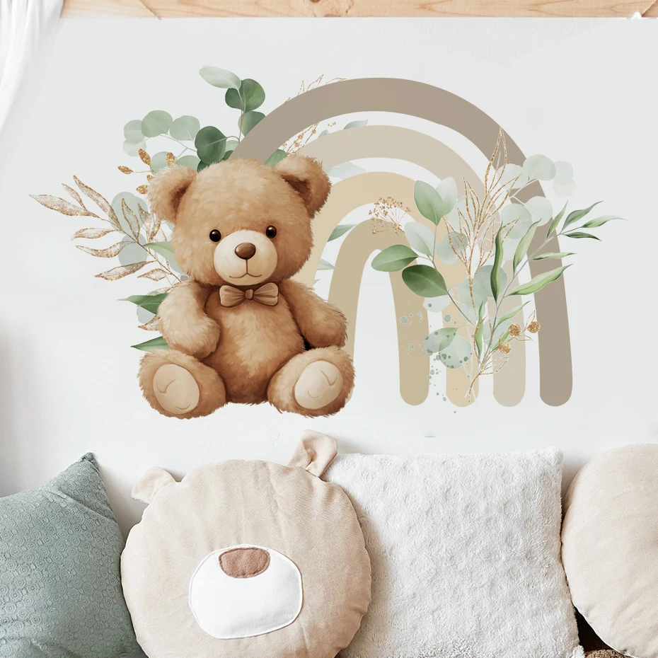 Cartoon Teddy Bear Leaf Rainbow Wall Sticker for Kids Room Baby Nursery Wall Decals for Girl Room Baby Shower PVC