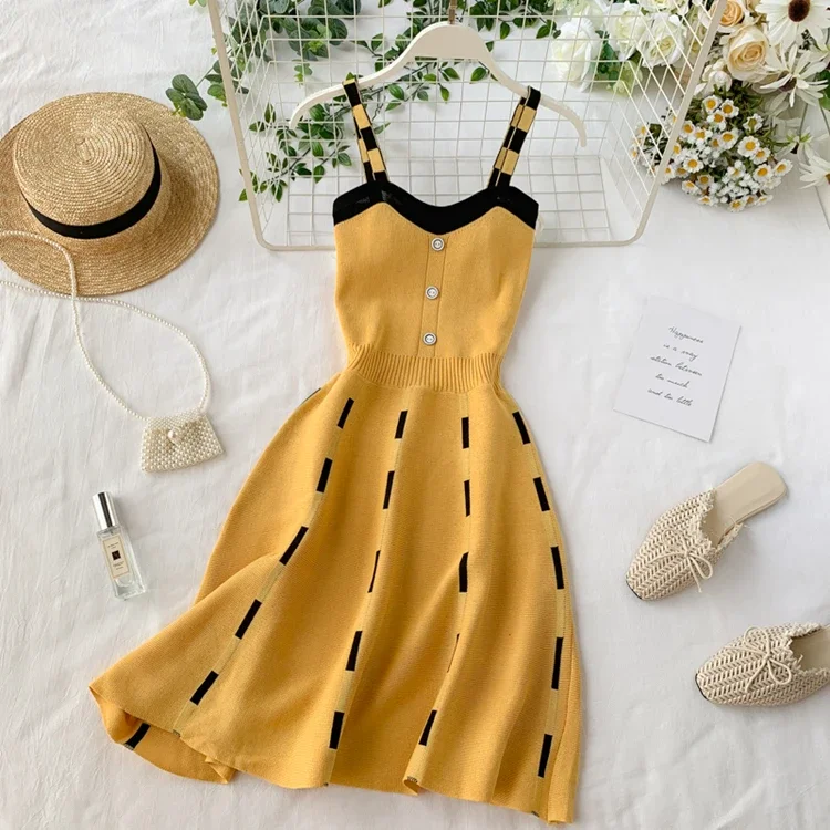 Knitted Contrast color Sexy V Neck Spaghetti Strap Summer Mini Dress Women Casual Party Yellow Black Sweater Dresses